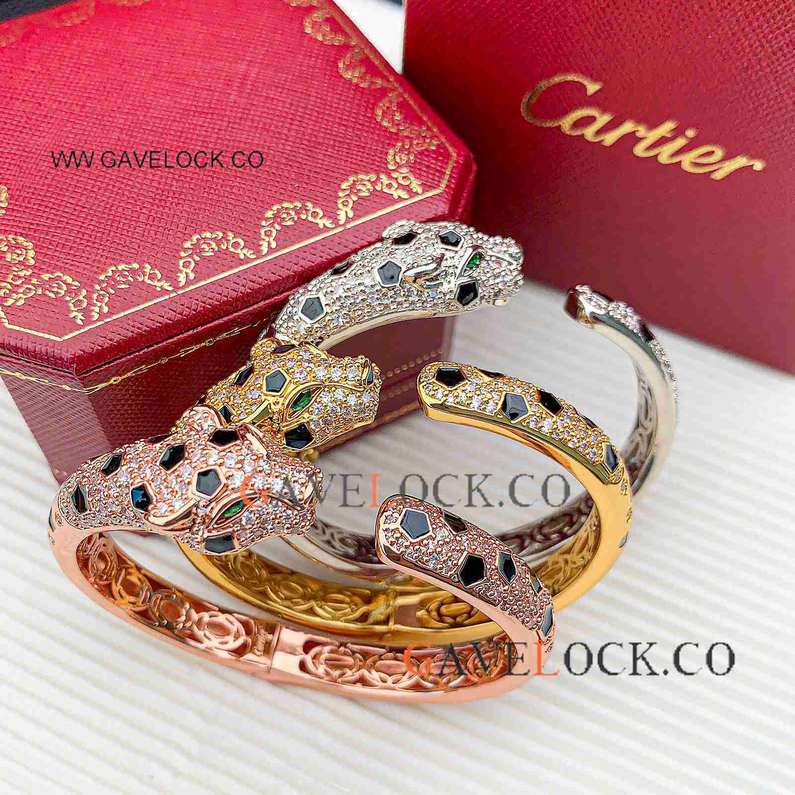 Luxury Copy Cartier Panther-head Bangle with Diamonds